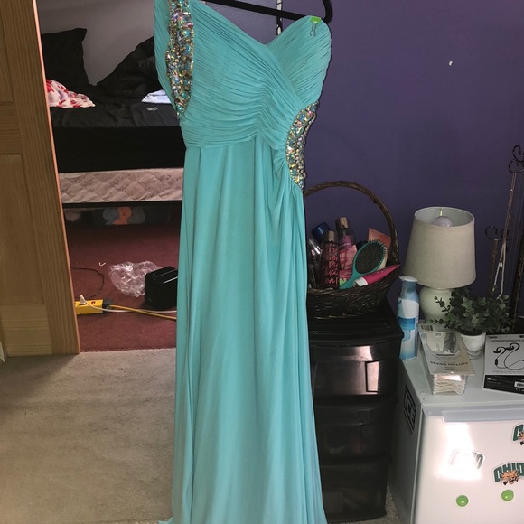 Light Blue One Shoulder Prom Dress - Picture 5 of 8